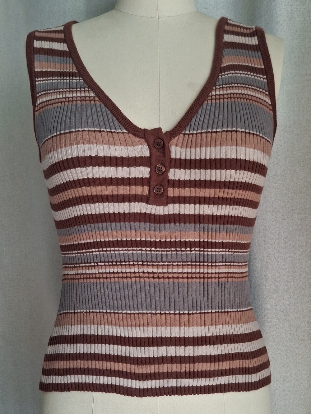 Evereve Striped Ribbed Henley Tank Sz M